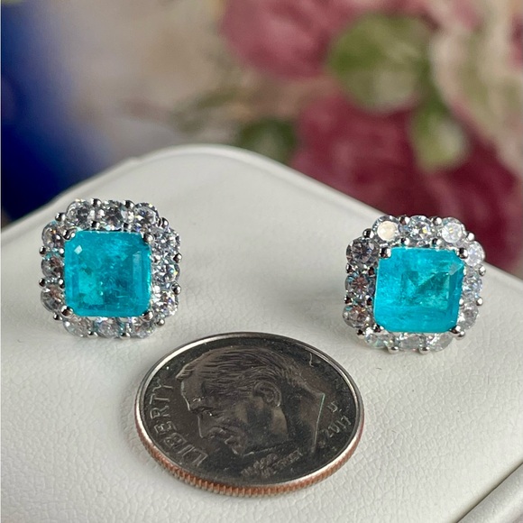 Clearance‼️5.75ct PARAIBA TOURMALINE (RARE)‼️ and White Topaz Silver Earrings. - Picture 6 of 10